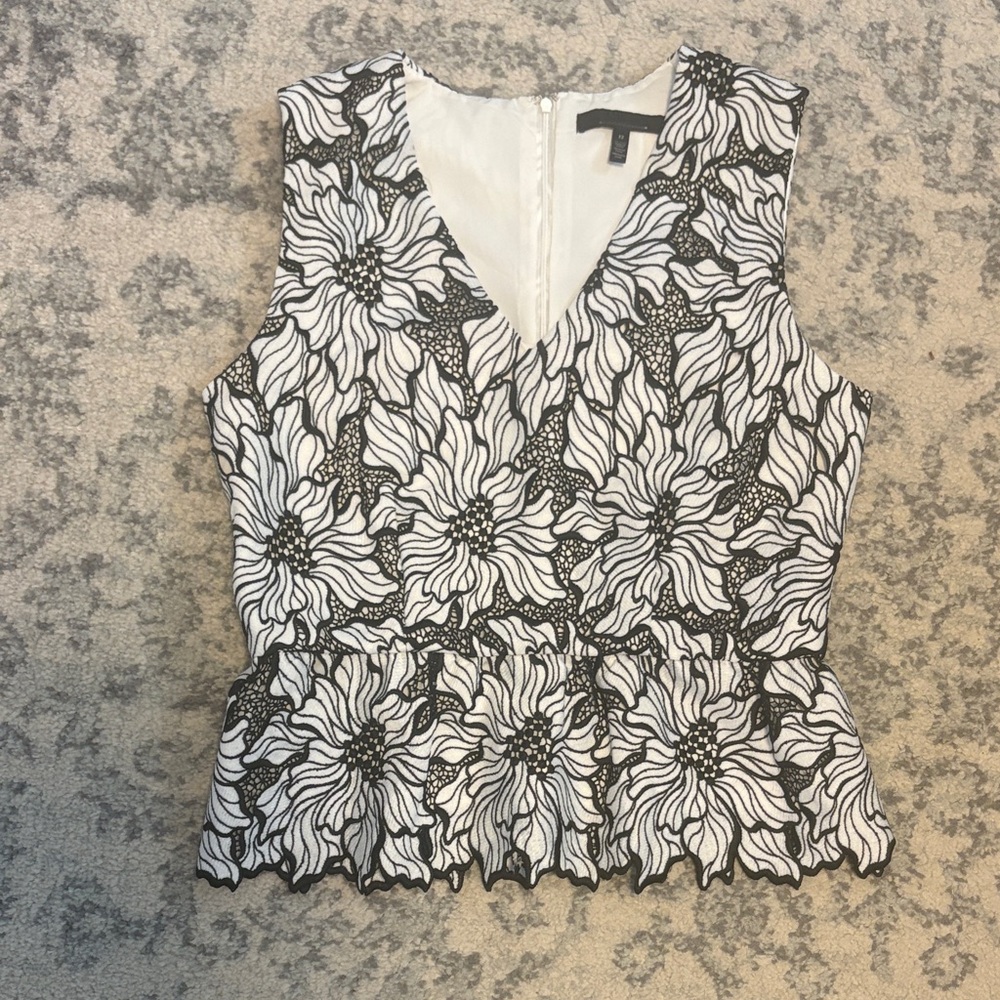 WHBM sleeveless v-neck peplum top black and white floral lace